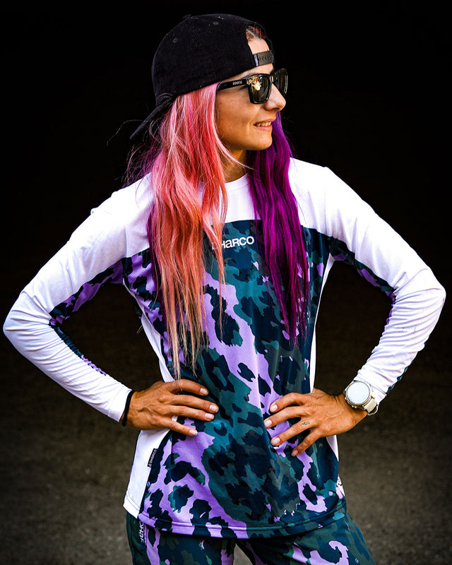 Womens Race Jersey | Isa Signature - Purple Leopard | WOMENS | TOPS | JERSEYS | LONG SLEEVES | RACE JERSEY | DHaRCO | MTB | Image 1 of 6